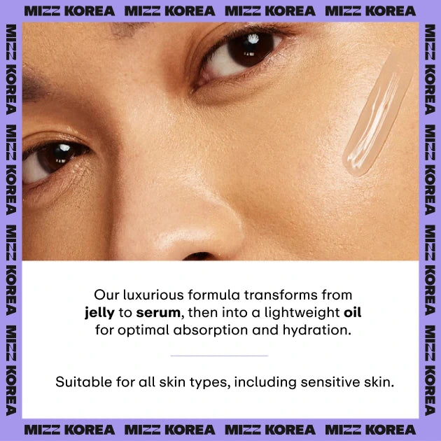 Mizz Korea Glow-It-All Jelly Face Oil texture transition graphic showcasing jelly to serum formula