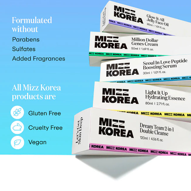 Mizz Korea product packaging: gluten-free, cruelty-free, vegan, no parabens or sulfates