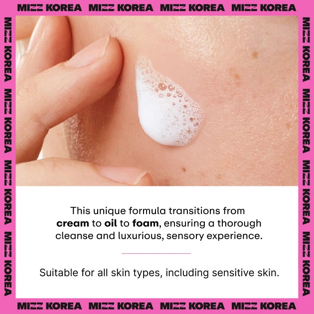 Mizz Korea Dream Team 2-in-1 Double Cleanse texture transition graphic showcasing cream to oil to foam formula